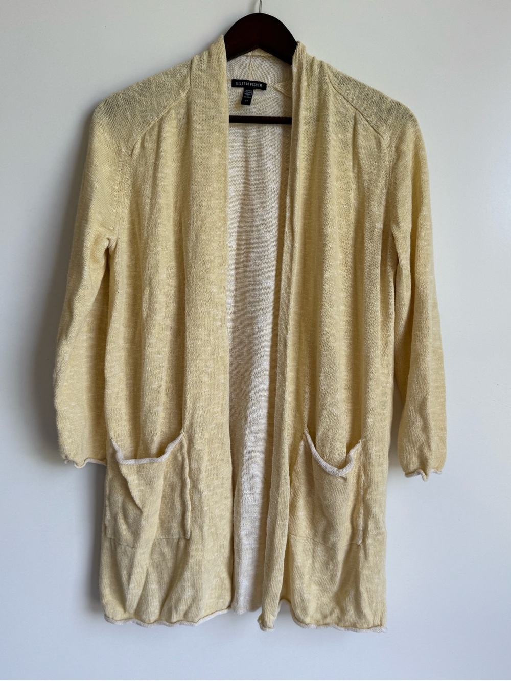Eileen Fisher Organic Cotton Linen Slub Long Cardigan butter yellow knit small - Picture 2 of 7